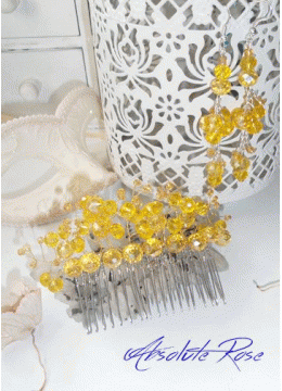 Дизайнерски Гребен- украса за коса жълти кристали комплект с обици модел Shining Sun